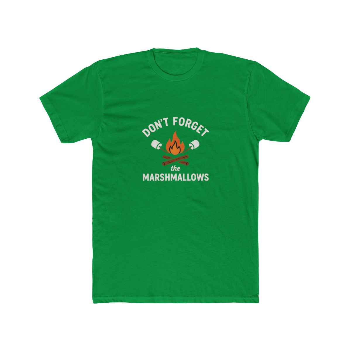 Black t-shirt with a white graphic design that says "Don't Forget the Marshmallows". The graphic features a campfire with crossed sticks and marshmallows.