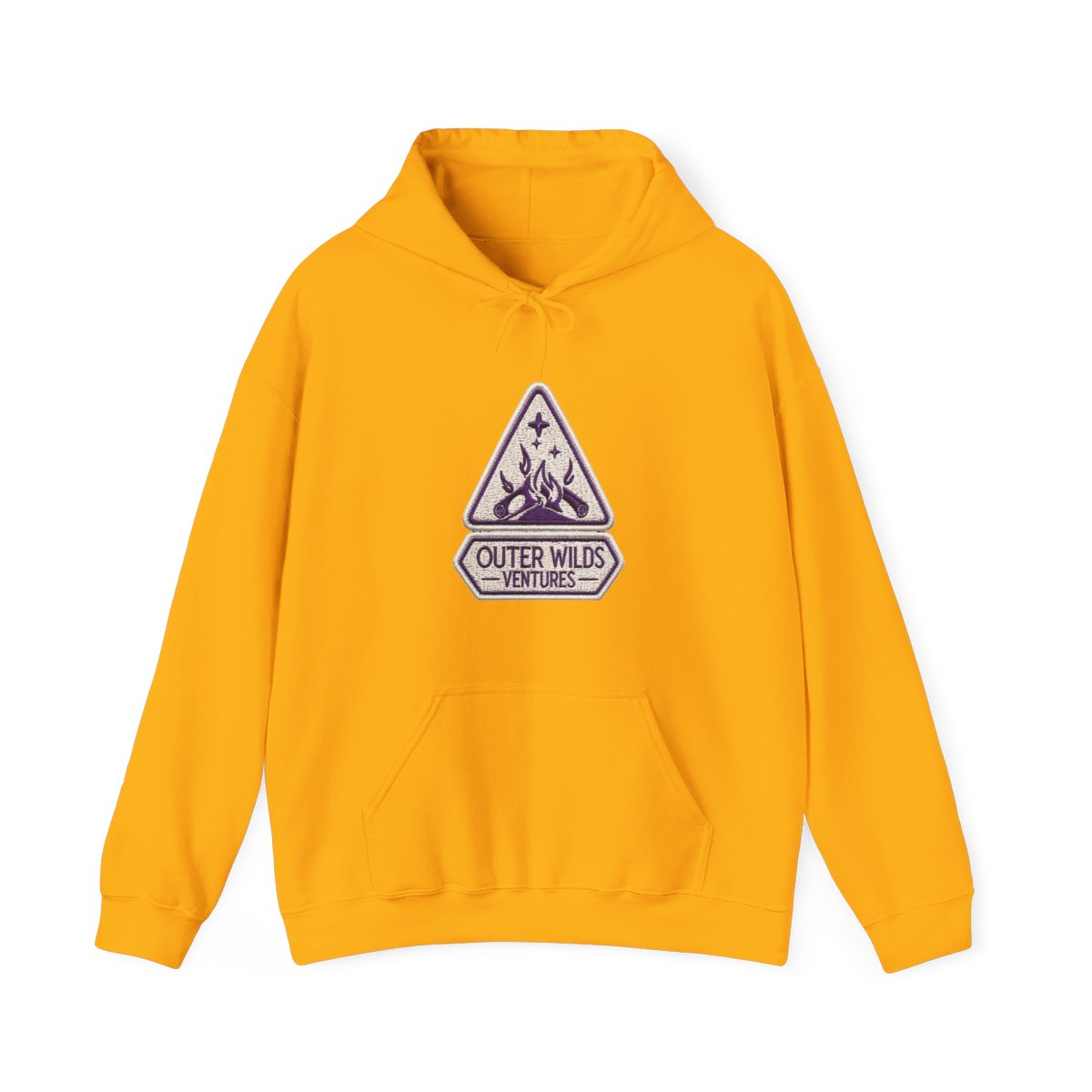 A person wearing a purple hoodie with a white logo that says "Outer Wilds Ventures". The logo is a triangle with a star and a campfire inside. The person is holding a black and white video game...